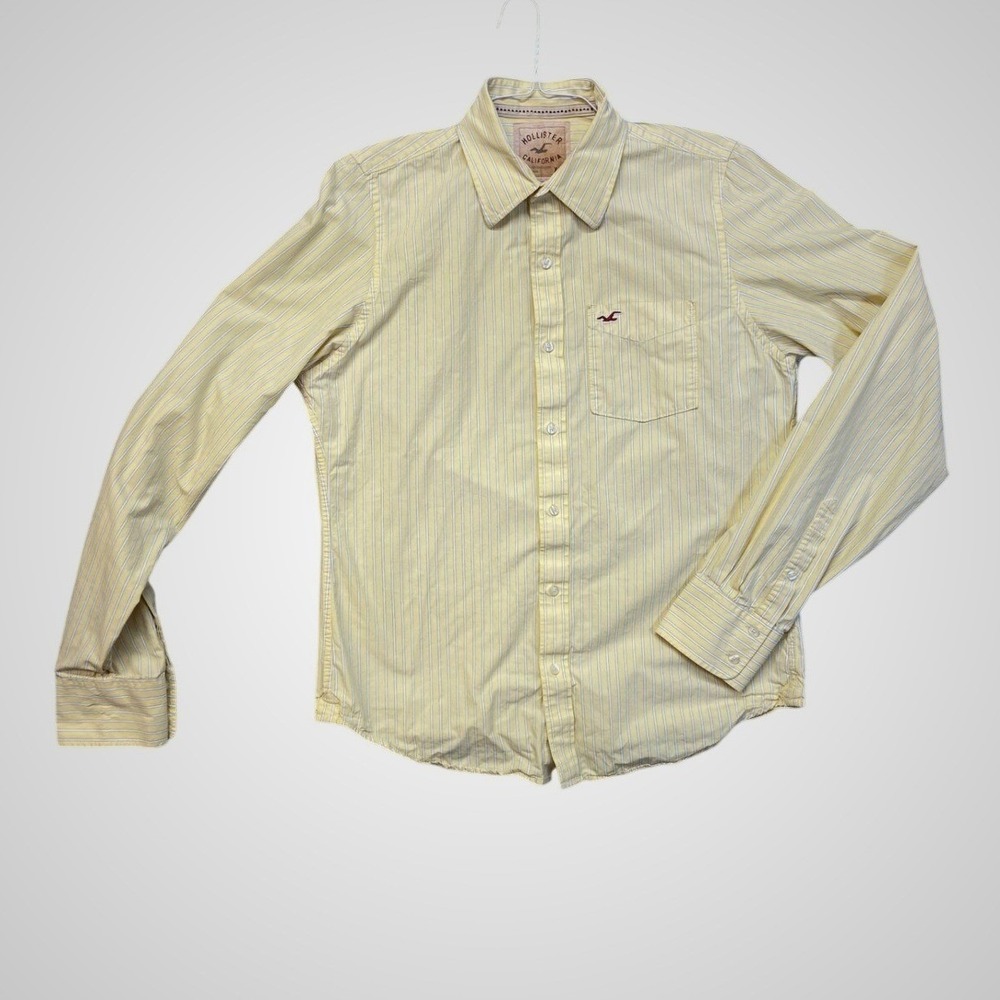 Hollister Mens Yellow White Striped Long Sleeve Button Down Shirt Slim Fit Small